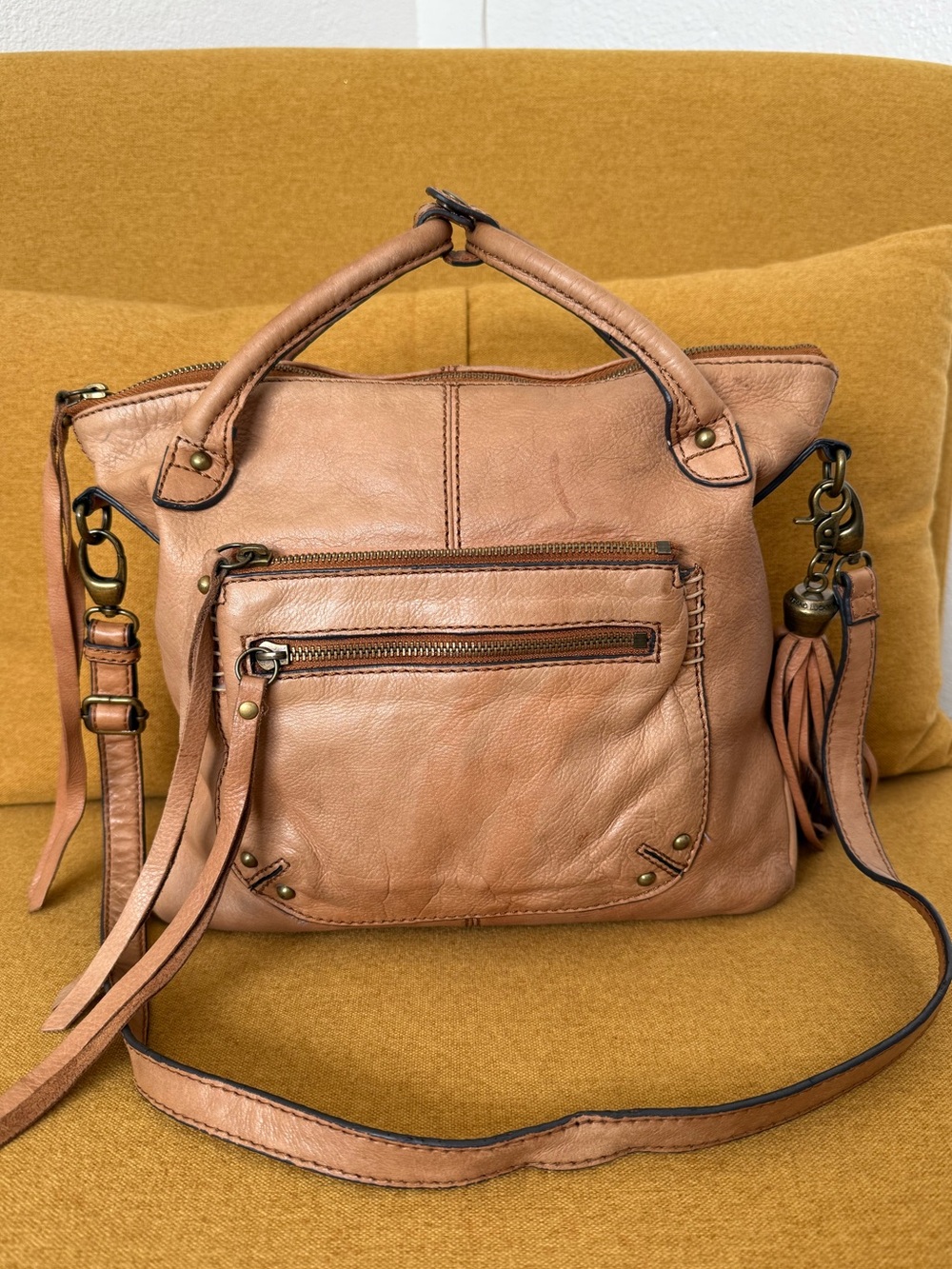 Lucky Brand Genuine Leather Crossbody Satchel Boho Tassel Bag Cognac Tan